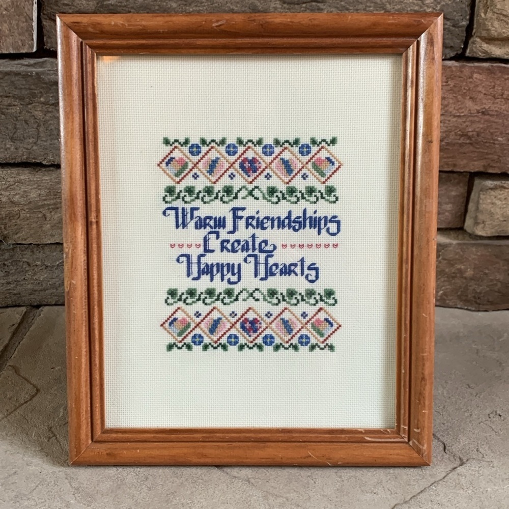 Warm Friendships Create Happy Hearts 9x11 cross stitch picture and frame.